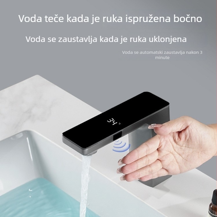 Senzorski slavina za umivaonik s dvostrukim režimom protoka i digitalnim prikazom temperature; tijelo od cinkove legure, keramički disk, model 1810, elektroplating završna obrada