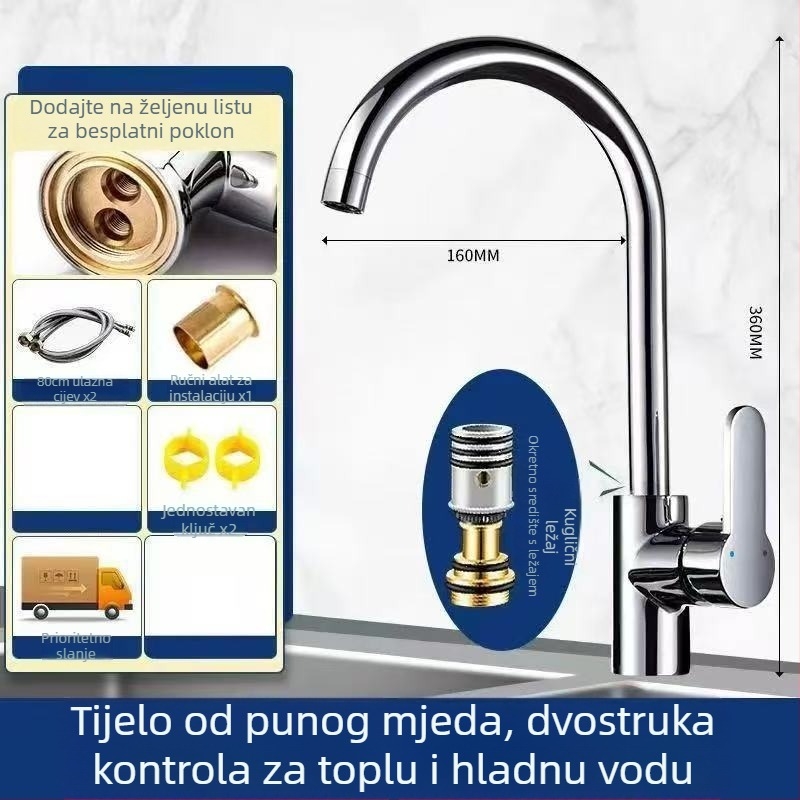 Kuhinjska slavina za toplu i hladnu vodu, dvostruka funkcija, mesing, keramički disk ventil, kromirana površina, jedinstveno tijelo, CE potvrda