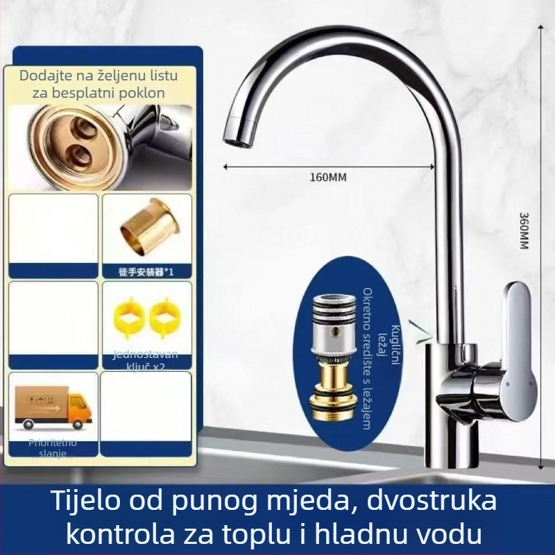 Kuhinjska slavina za toplu i hladnu vodu, dvostruka funkcija, mesing, keramički disk ventil, kromirana površina, jedinstveno tijelo, CE potvrda