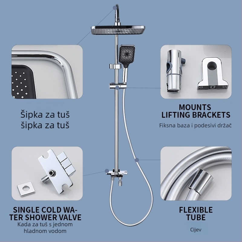 Kupaonski set tuša, bakreni materijal, kvadratni oblik, ugradnja na zid, skriveni tip, miješani izlaz vode.