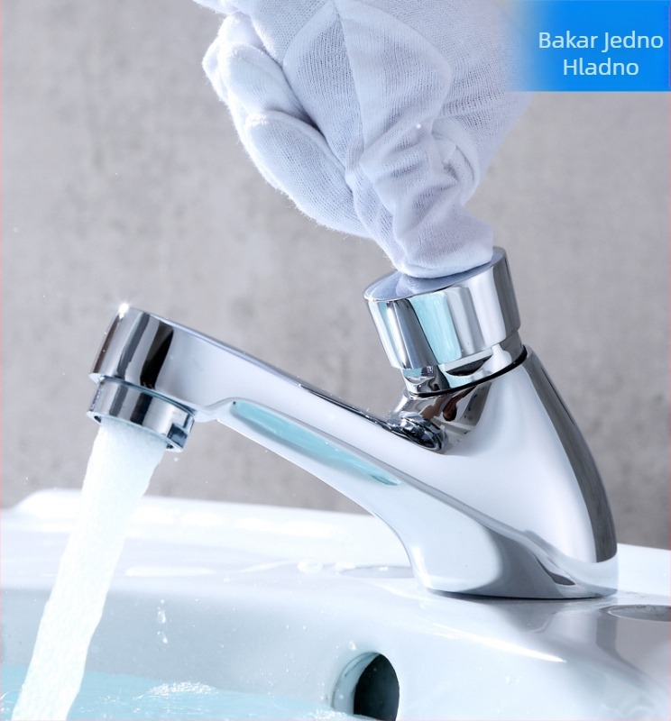 Slavina za umivaonik s tlačnim ispiranjem, tijelo od bakra, keramičko jezgro ventila, ulaz/izlaz: 4 točke, 0–80°C (Model: Press flush valve; Material: Copper; Valve core: Ceramic; Inlet/outlet: 4 points; Temperature: 0-80°C)