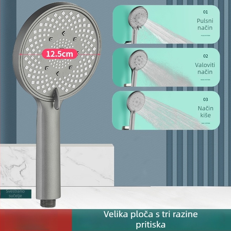 Ručna prijenosna tuš glava – snažan protok vode, univerzalni četverostruki spoj za crijevo, plastično tijelo s elektroplakiranim završnim slojem, model 161, okruglog oblika