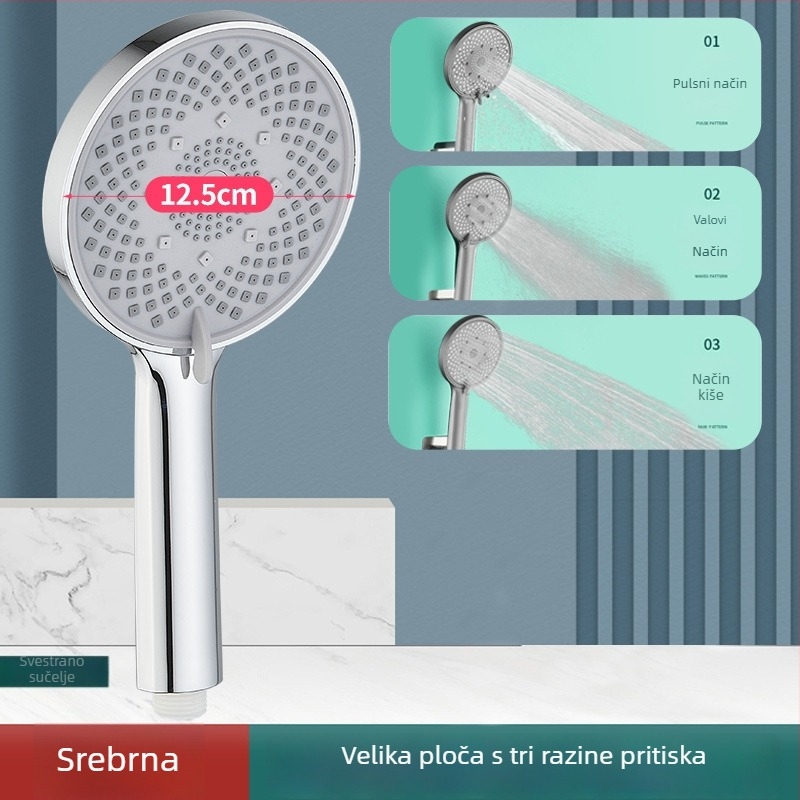 Ručna prijenosna tuš glava – snažan protok vode, univerzalni četverostruki spoj za crijevo, plastično tijelo s elektroplakiranim završnim slojem, model 161, okruglog oblika