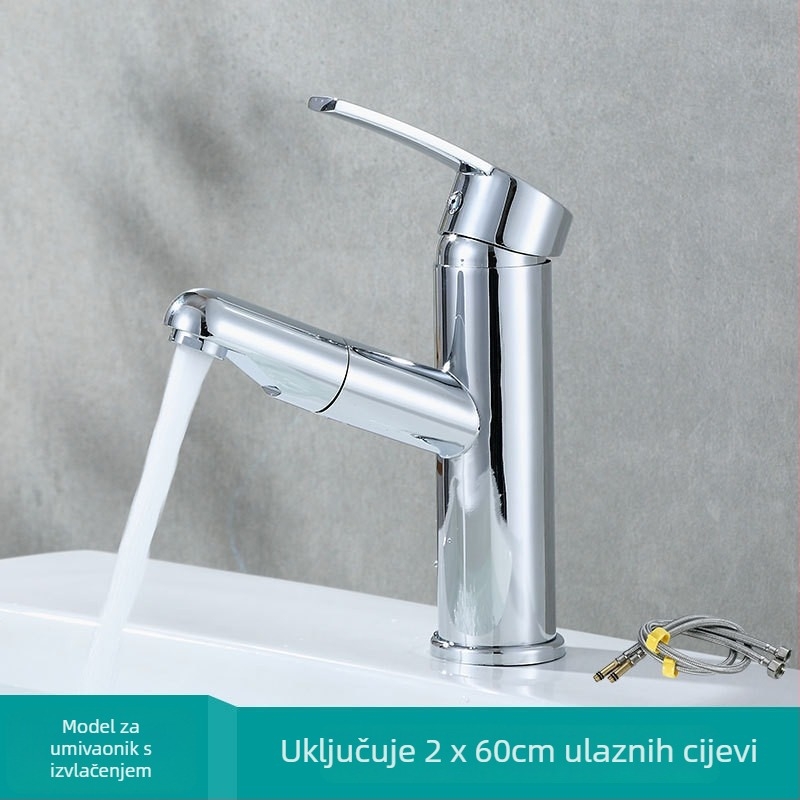 Izvlačna slavina za umivaonik, nehrđajući čelik, topla i hladna voda, montaža na ploču, keramički disk ventil