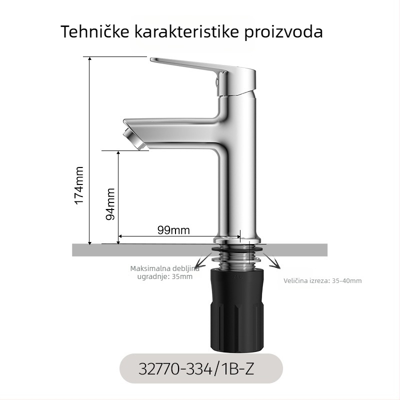 Jiumu slavina za umivaonik, model 32770-334/1B-Z, cinkova legura, keramički disk ventila, kromirani završni sloj