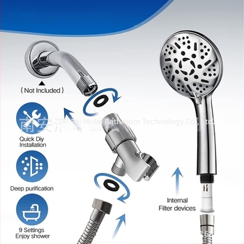 Tuš set s 9-funkcijskim filtra spreja, ABS materijal, krom završna obrada, moderan stil, radna temperatura 1–90°C, nominalni tlak 10 kg