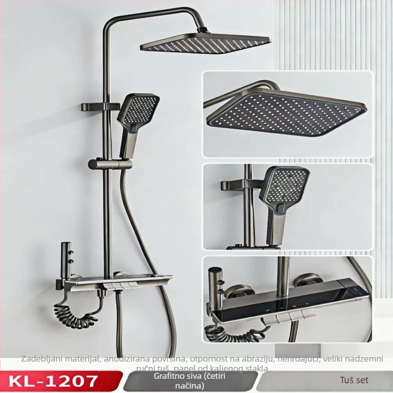 Set tuša s digitalnim zaslonom, na zid postavljen, kvadratna tuš glava, Space aluminijska konstrukcija
