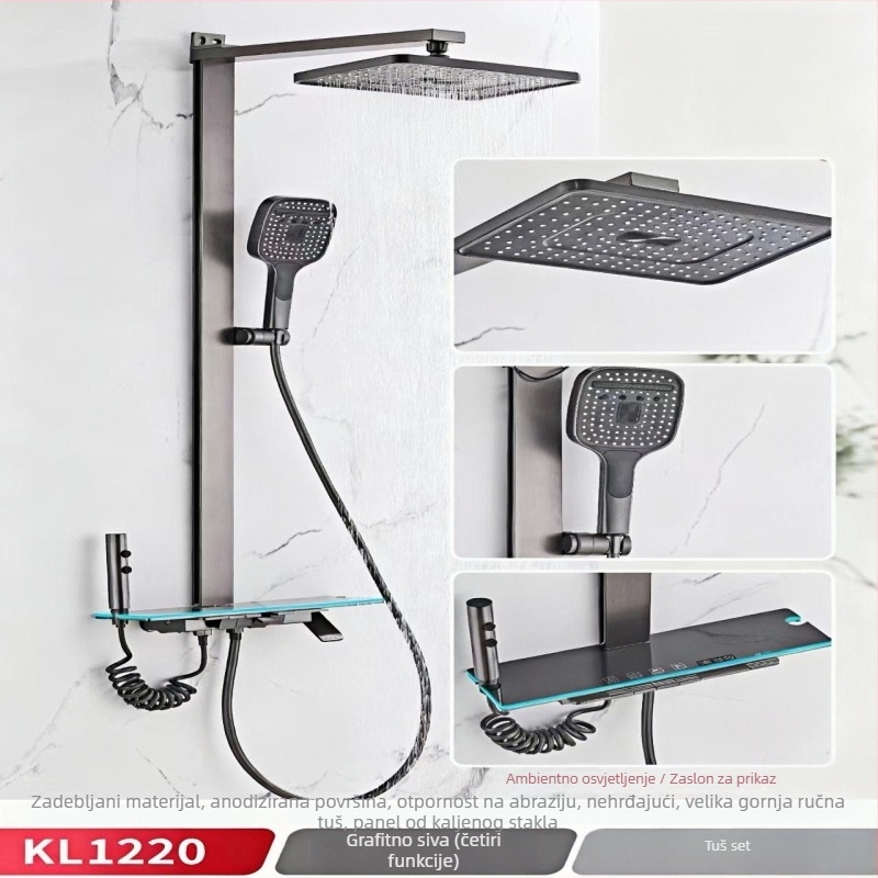 Set tuša s digitalnim zaslonom, na zid postavljen, kvadratna tuš glava, Space aluminijska konstrukcija