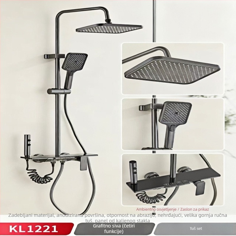 Set tuša s digitalnim zaslonom, na zid postavljen, kvadratna tuš glava, Space aluminijska konstrukcija