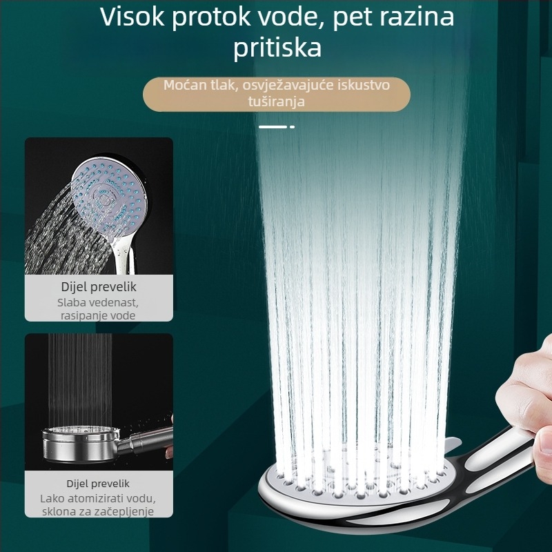 Prijenosni set za tuširanje s režimima prskanja i protoka kiše; plastični materijal; spiralni priključak; kružni oblik