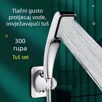Tuš komplet s crijevom – kišni i snažni tuš, plastični, kvadratnog oblika tuš glava, spiralni priključak, prijenosni