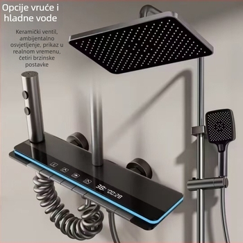 Tuš set s kvadratnom glavom kiše i digitalnim zaslonom (Space aluminij, kontrola temperature, LED atmosfersko svjetlo, montaža na zid)