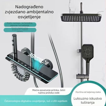 Tuš set s kvadratnom glavom kiše i digitalnim zaslonom (Space aluminij, kontrola temperature, LED atmosfersko svjetlo, montaža na zid)