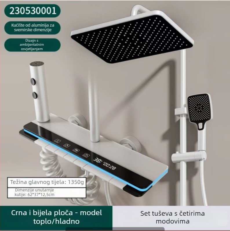 Tuš set s kvadratnom glavom kiše i digitalnim zaslonom (Space aluminij, kontrola temperature, LED atmosfersko svjetlo, montaža na zid)