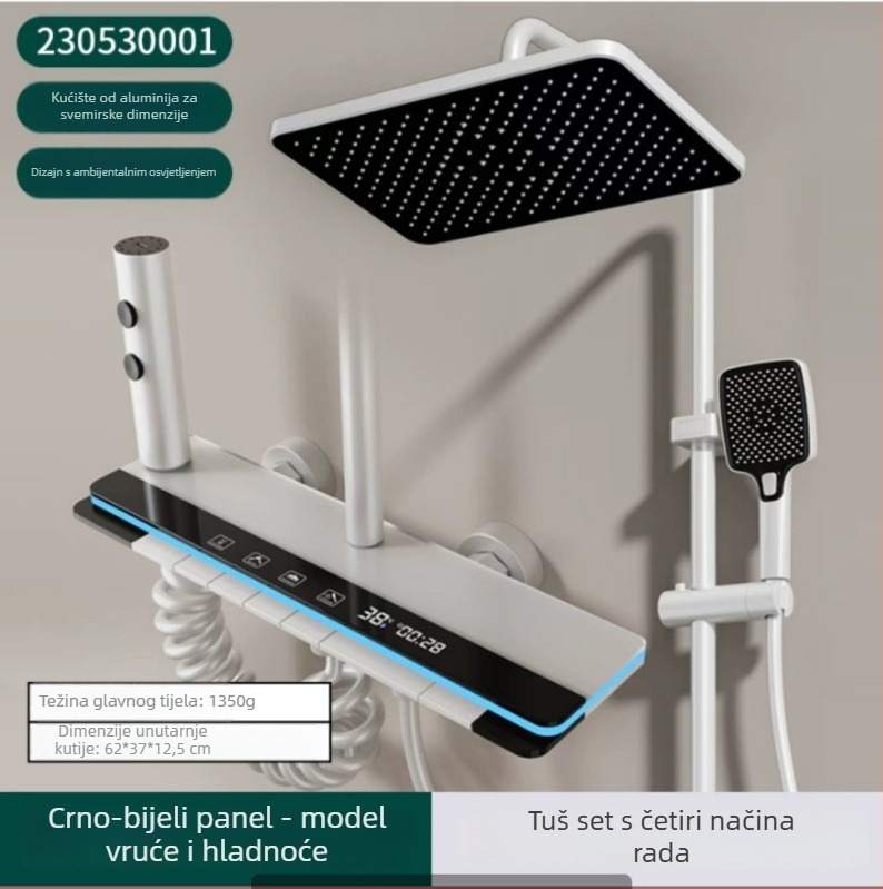 Tuš set s kvadratnom glavom kiše i digitalnim zaslonom (Space aluminij, kontrola temperature, LED atmosfersko svjetlo, montaža na zid)