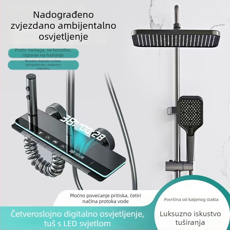 Tuš set s kvadratnom glavom kiše i digitalnim zaslonom (Space aluminij, kontrola temperature, LED atmosfersko svjetlo, montaža na zid)