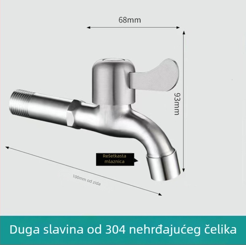 Slavina za perilicu rublja, 304 nehrđajući čelik, ugradnja u zid, keramički diskasti ventil, 20 mm priključci, radna temperatura 0–90°C
