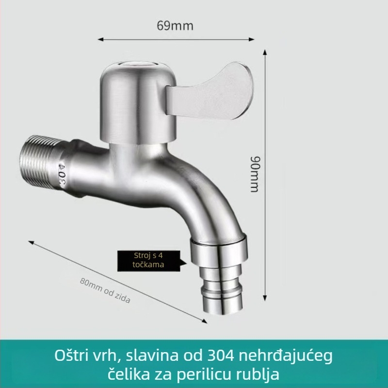 Slavina za perilicu rublja, 304 nehrđajući čelik, ugradnja u zid, keramički diskasti ventil, 20 mm priključci, radna temperatura 0–90°C