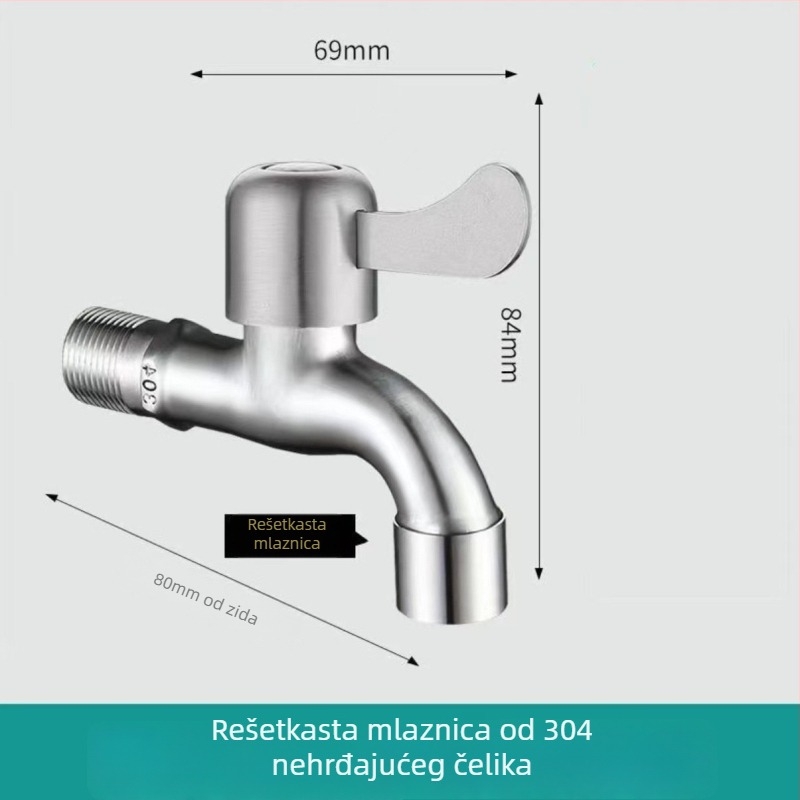 Slavina za perilicu rublja, 304 nehrđajući čelik, ugradnja u zid, keramički diskasti ventil, 20 mm priključci, radna temperatura 0–90°C