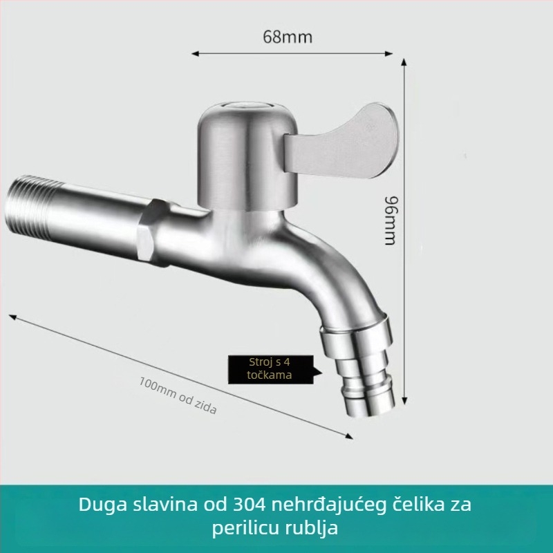 Slavina za perilicu rublja, 304 nehrđajući čelik, ugradnja u zid, keramički diskasti ventil, 20 mm priključci, radna temperatura 0–90°C