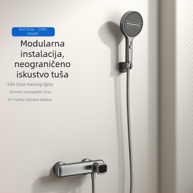 Set tuša s kružnom glavom, zidni montažni, model N1025, bakar materijal, kontrola temperature, moderan dizajn