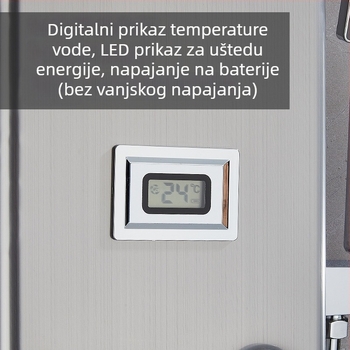 Zidni set tuša od nehrđajućeg čelika s digitalnim temperaturnim regulatorom i LED prikazom; kvadratni dizajn; radna temperatura 80°C; masažni i kišni režim.