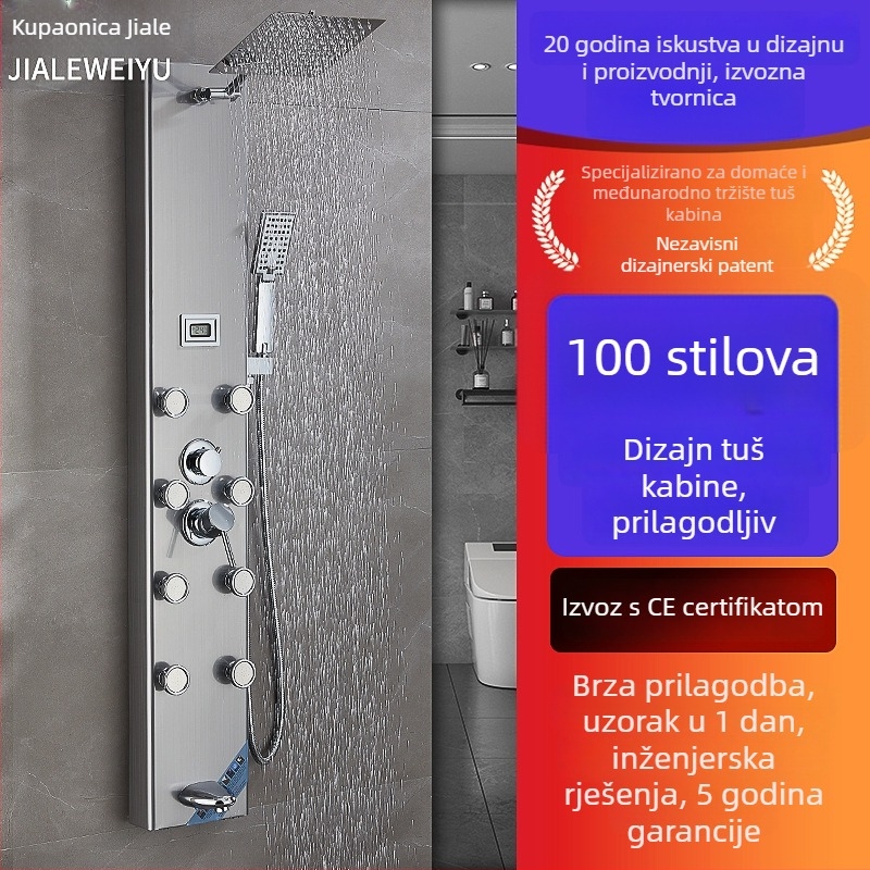 Zidni set tuša od nehrđajućeg čelika s digitalnim temperaturnim regulatorom i LED prikazom; kvadratni dizajn; radna temperatura 80°C; masažni i kišni režim.