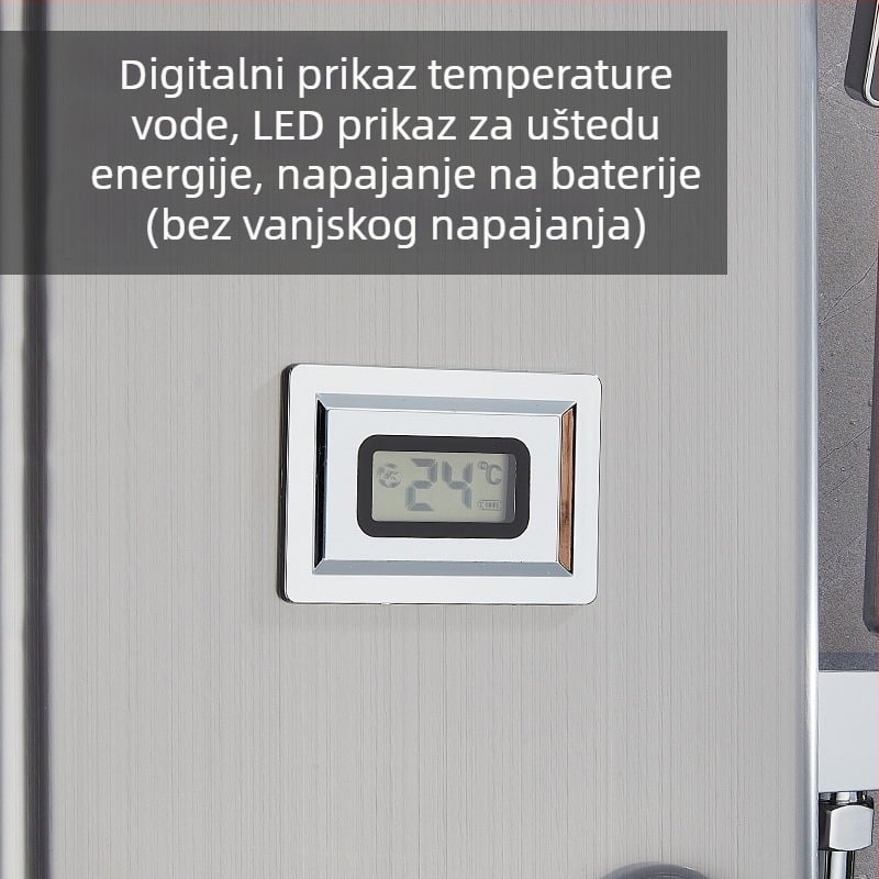 Zidni set tuša od nehrđajućeg čelika s digitalnim temperaturnim regulatorom i LED prikazom; kvadratni dizajn; radna temperatura 80°C; masažni i kišni režim.