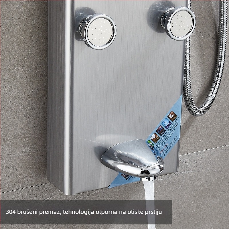 Zidni set tuša od nehrđajućeg čelika s digitalnim temperaturnim regulatorom i LED prikazom; kvadratni dizajn; radna temperatura 80°C; masažni i kišni režim.