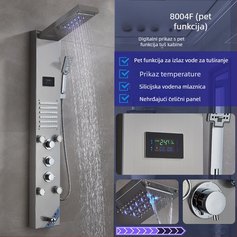 Zidni set tuša od nehrđajućeg čelika s digitalnim temperaturnim regulatorom i LED prikazom; kvadratni dizajn; radna temperatura 80°C; masažni i kišni režim.