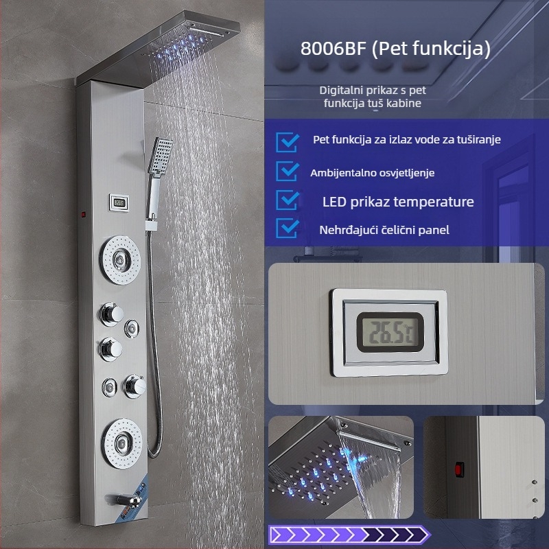 Zidni set tuša od nehrđajućeg čelika s digitalnim temperaturnim regulatorom i LED prikazom; kvadratni dizajn; radna temperatura 80°C; masažni i kišni režim.
