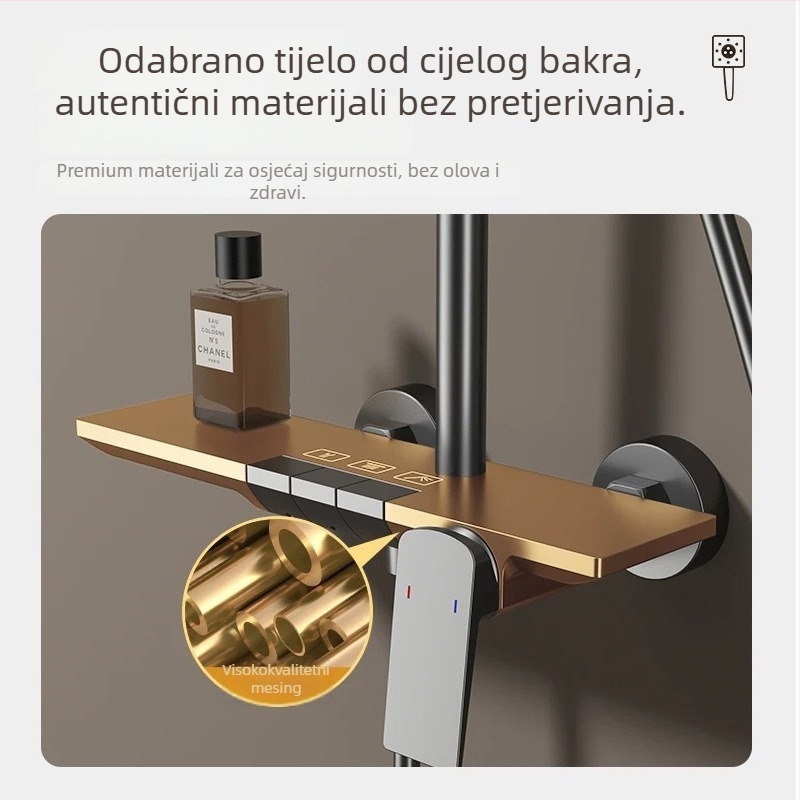Tuš set s bakrenim tijelom, kompletan kupaonski tuš-sustav, zidni montaža, četvrtast oblik, model GM-8200, funkcije: mlaz i kiša