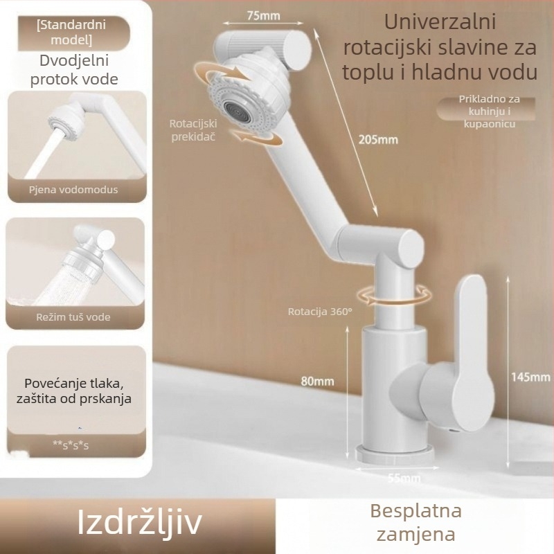 Bakreni slavina za umivaonik u kupaonici, višenamjenska, keramički disk ventil, trostruka konstrukcija, površina s pečenim premazom, vruća i hladna voda