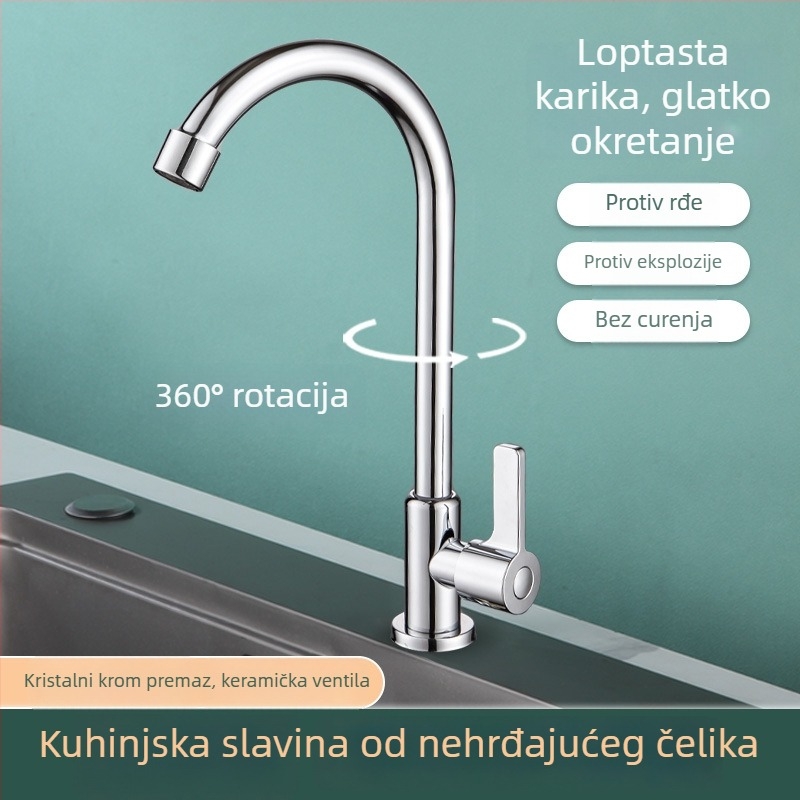 Kuhinjski slavina od nehrđajućeg čelika 201, samo hladna opskrba, 0–90°C, 4 točke ulaz/izlaz, keramički ventil