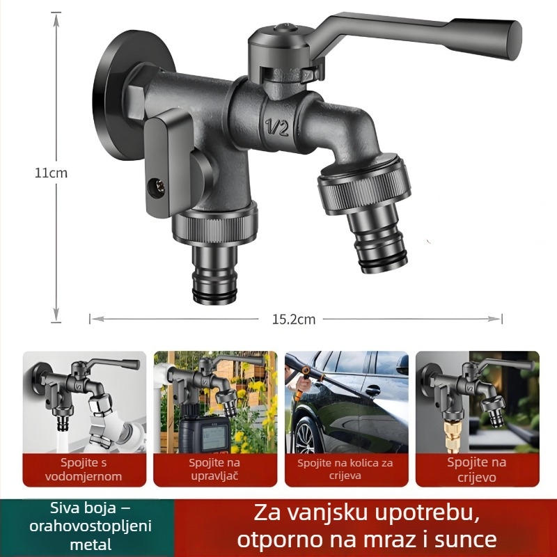 Vanjski zidni slavina za vrt s dvama izlazima i dvostrukom kontrolom, ojačani dizajn, ugradnja u zid, cinkova legura, model Sj320152021709111