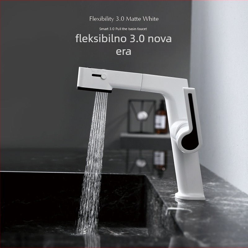 Umivaonski faucet s dvostrukom korišćenju tople i hladne vode, povlačna glava, model B2-bt103, tijelo od cinkove zlitine, keramički disk ventil, ugradnja na ploču