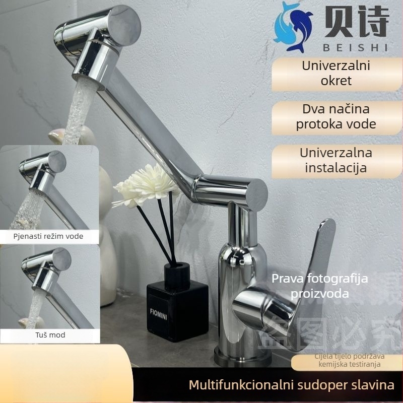 Kuhinjski faucet od 304 nehrđajućeg čelika, topla i hladna voda, s jednom polugom, podizni tip, keramnički disk vent, elektroplatični završni sloj, težina 1070 g