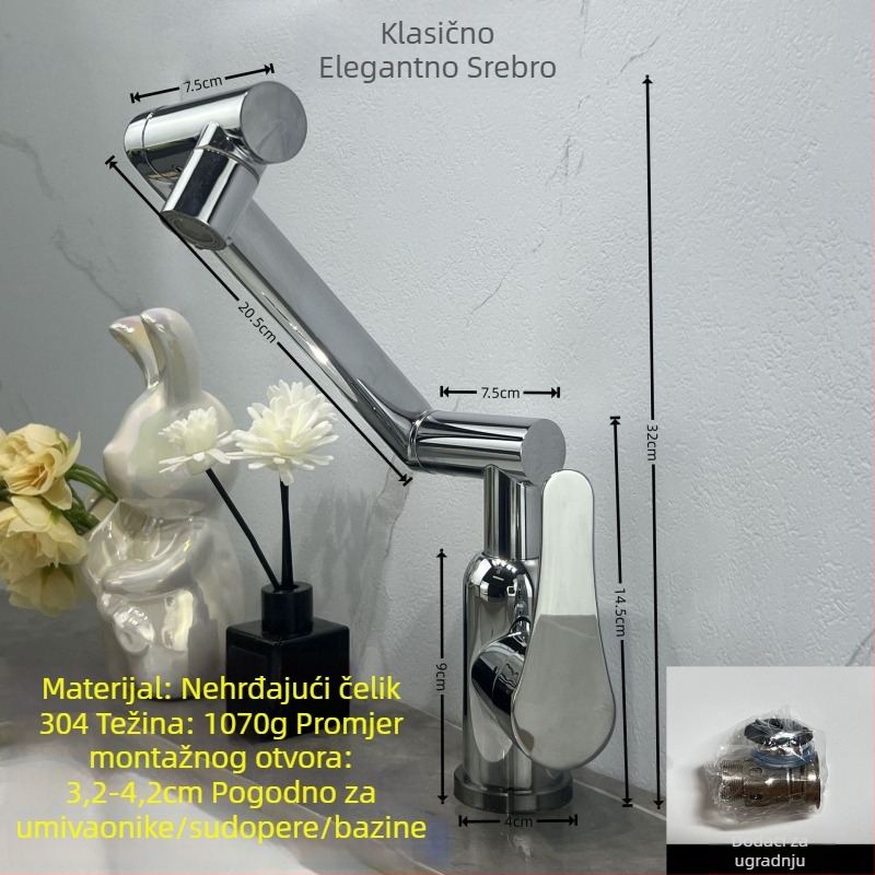 Kuhinjski faucet od 304 nehrđajućeg čelika, topla i hladna voda, s jednom polugom, podizni tip, keramnički disk vent, elektroplatični završni sloj, težina 1070 g