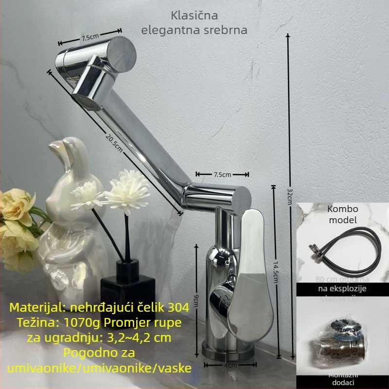 Kuhinjski faucet od 304 nehrđajućeg čelika, topla i hladna voda, s jednom polugom, podizni tip, keramnički disk vent, elektroplatični završni sloj, težina 1070 g