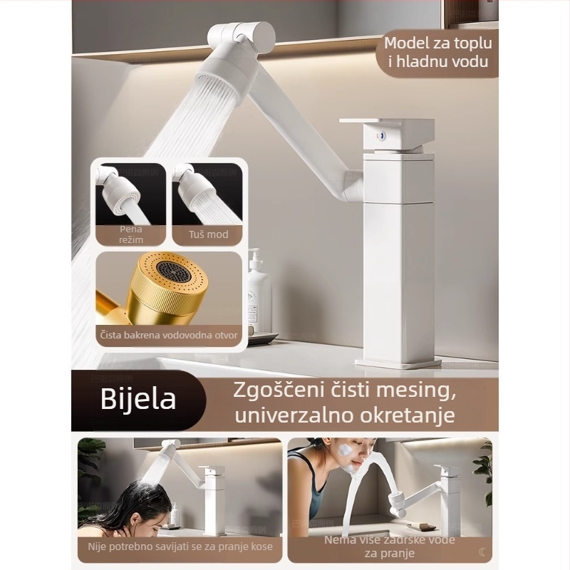Slavina za umivaonik s robotskom rukom – tijelo od mesinga, ugradnja na ploču, keramički disk ventil, otvaranje podizanjem, model Cream Style