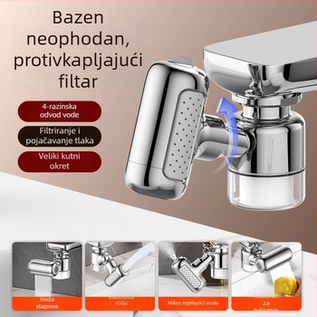 Univerzalni rotirajući produžitelj slavine za umivaonik s četiri stupnja filtracije (Materijal: bakar; Ugradnja: navoj; Konstrukcija: trostruka; Način otvaranja: spiralni; Površina: elektroplatiranje)