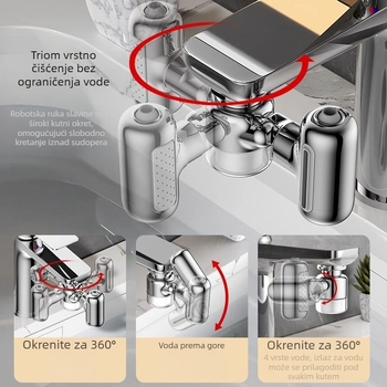 Univerzalni rotirajući produžitelj slavine za umivaonik s četiri stupnja filtracije (Materijal: bakar; Ugradnja: navoj; Konstrukcija: trostruka; Način otvaranja: spiralni; Površina: elektroplatiranje)