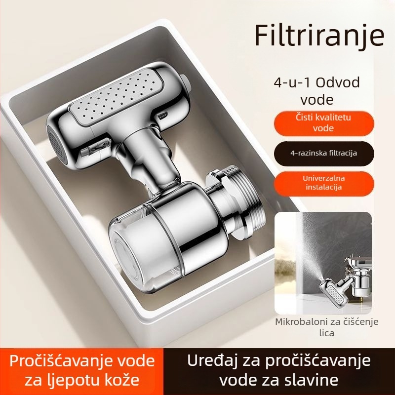 Univerzalni rotirajući produžitelj slavine za umivaonik s četiri stupnja filtracije (Materijal: bakar; Ugradnja: navoj; Konstrukcija: trostruka; Način otvaranja: spiralni; Površina: elektroplatiranje)