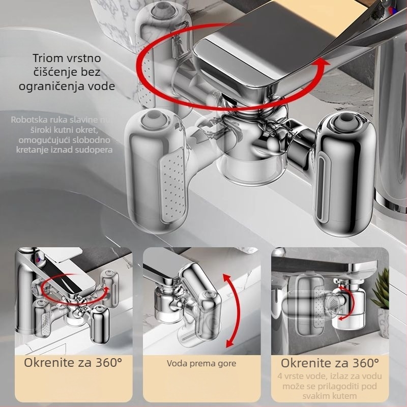 Univerzalni rotirajući produžitelj slavine za umivaonik s četiri stupnja filtracije (Materijal: bakar; Ugradnja: navoj; Konstrukcija: trostruka; Način otvaranja: spiralni; Površina: elektroplatiranje)
