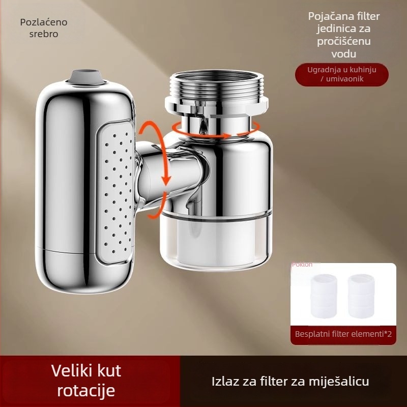 Univerzalni rotirajući produžitelj slavine za umivaonik s četiri stupnja filtracije (Materijal: bakar; Ugradnja: navoj; Konstrukcija: trostruka; Način otvaranja: spiralni; Površina: elektroplatiranje)