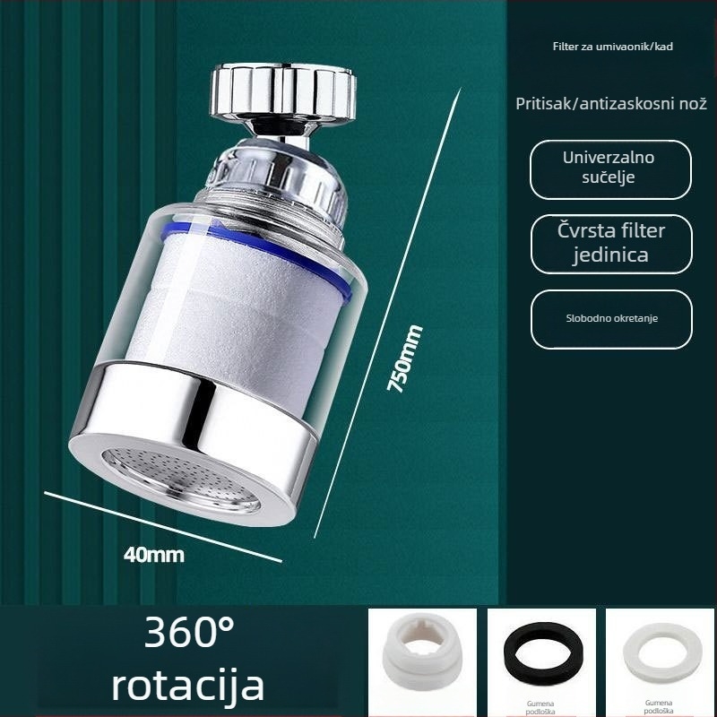 Univerzalni rotirajući produžitelj slavine za umivaonik s četiri stupnja filtracije (Materijal: bakar; Ugradnja: navoj; Konstrukcija: trostruka; Način otvaranja: spiralni; Površina: elektroplatiranje)