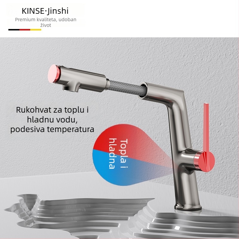 Izvlačna slavina za umivaonik s keramičkim diskom ventila, bakarna legura, podizni mehanizam, jednostavna konstrukcija