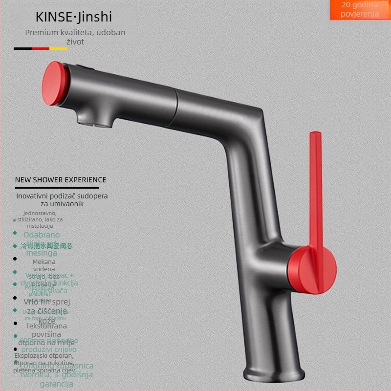 Izvlačna slavina za umivaonik s keramičkim diskom ventila, bakarna legura, podizni mehanizam, jednostavna konstrukcija