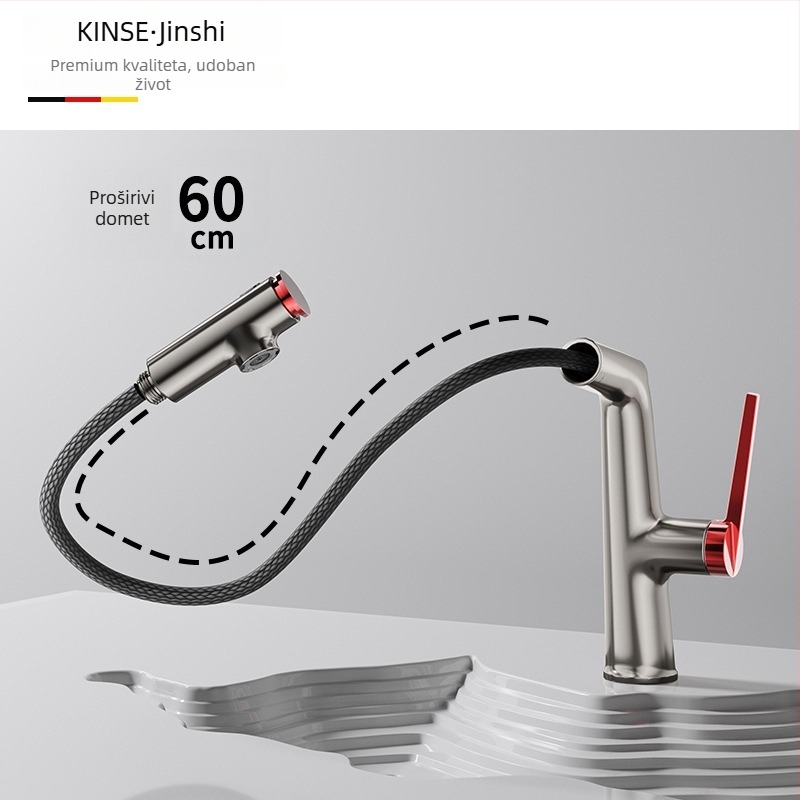 Izvlačna slavina za umivaonik s keramičkim diskom ventila, bakarna legura, podizni mehanizam, jednostavna konstrukcija