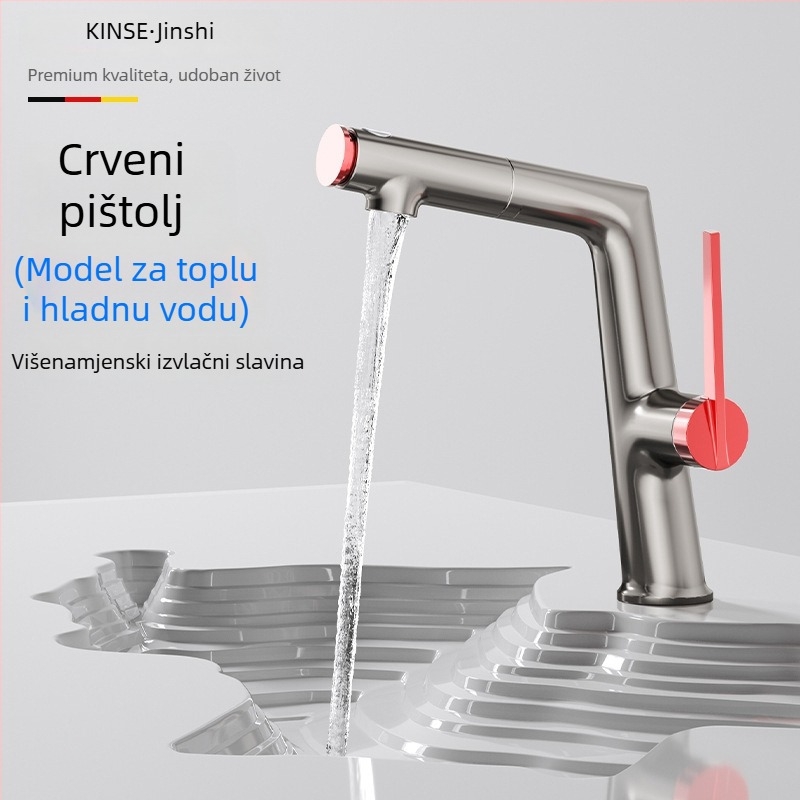 Izvlačna slavina za umivaonik s keramičkim diskom ventila, bakarna legura, podizni mehanizam, jednostavna konstrukcija